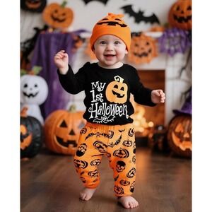 NEW My First Halloween 3 Pc Set Pumpkin‎ Hat Long Sleeve Bodysuit, Pants